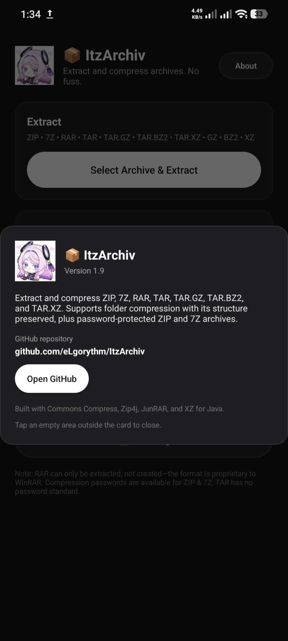 ItzArchiv — dialog About v1.9
